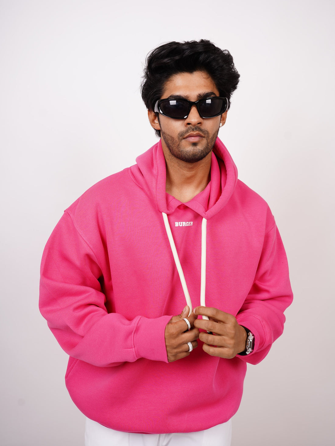 Ye Hoodie : Minimal Burger Logo (Hot Pink) Heavyweight Baggy Hoodie For Men and Women