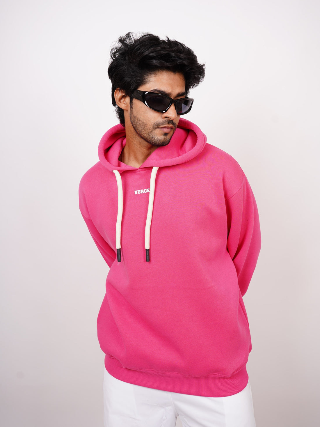 Ye Hoodie : Minimal Burger Logo (Hot Pink) Heavyweight Baggy Hoodie For Men and Women