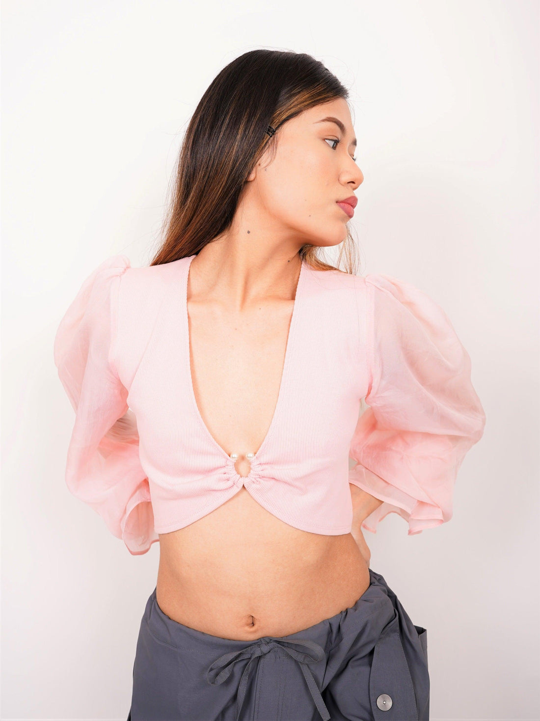 Deep V neck Full sleeves Crop Jane Top - BurgerBae