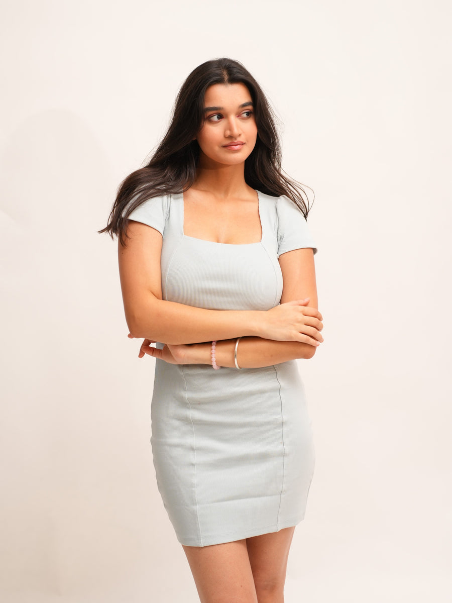 Tennis Dress : Burger Bae Bodycon V:Neck Collar Dress (Pastel Sky Blue) For Women